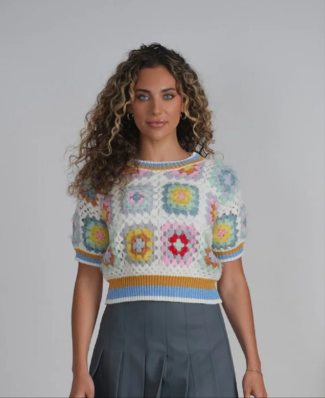 Front Row Short Sleeve Floral Sweater Glossy Satin Silk