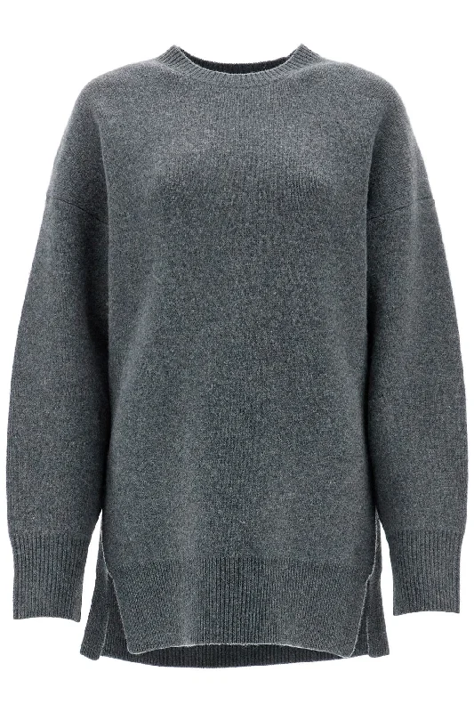 Gray Melange Wool And Cashmere Sweater With Wide Neck - Grey Welt Pockets Slit Pockets Flap Pockets Gray Melange Wool And Cashmere Sweater With Wide Neck - Grey Welt Pockets Slit Pockets Flap Pockets