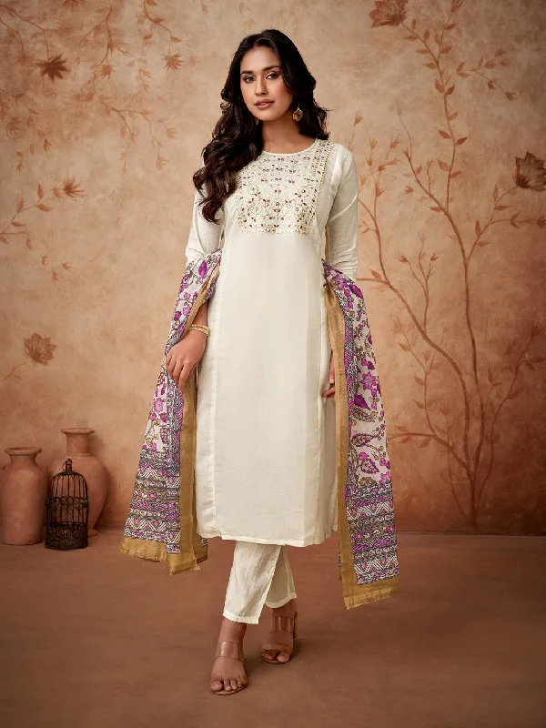 Off White Attractive Readymade Pant Suit Printed Designer Embroidery Work Stylish Elastic Waist Pants