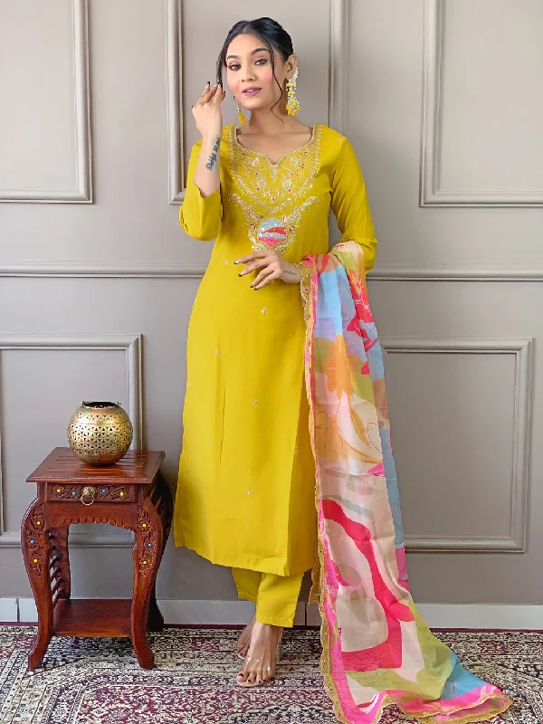 Yellow Designer Readymade Pant Suit With Embroidery Work Comfy High-Waist Jeans
