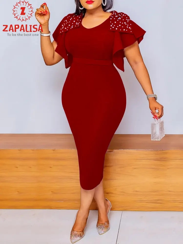 Fashion Summer Solid Color Pencil Dress for Women Split Design Beading Decor O-Neck Butterfly Sleeve High Waist Slim Hip Dress Tunics Sophisticated sleek Fashion Summer Solid Color Pencil Dress for Women Split Design Beading Decor O-Neck Butterfly Sleeve High Waist Slim Hip Dress Tunics Sophisticated sleek