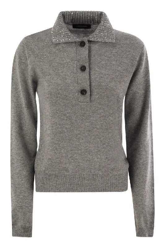 Wool, silk and cashmere polo collar sweater Lightweight Heavyweight Midweight