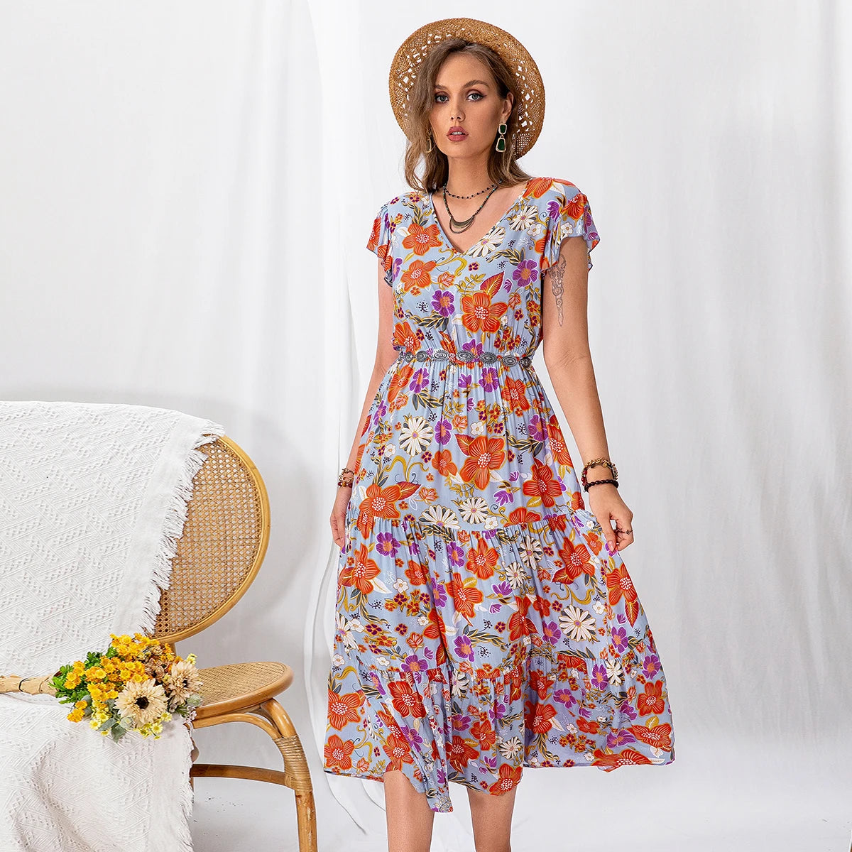 Rusttydustty-Plus size women's high-waisted V-neck printed dress with elasticated waist Tunics Practical durable Rusttydustty-Plus size women's high-waisted V-neck printed dress with elasticated waist Tunics Practical durable