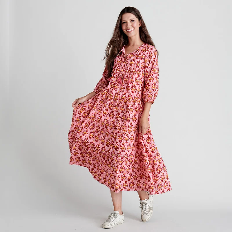 Womens Indira Dress - Pink Posey Block Print Boat Neckline Classic