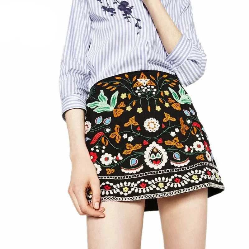 women's bohemian style A-line ethnic embroidery skirt black wool skirt breathable