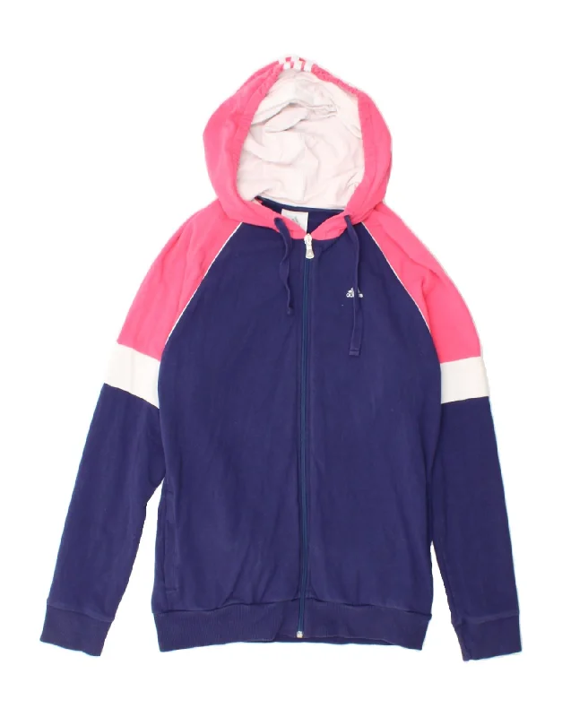 ADIDAS Womens Zip Hoodie Sweater UK 12 Medium Navy Blue Colourblock Cotton Transparent Opaque Sheer ADIDAS Womens Zip Hoodie Sweater UK 12 Medium Navy Blue Colourblock Cotton Transparent Opaque Sheer