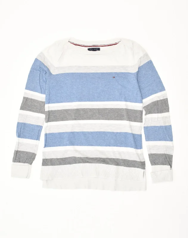 TOMMY HILFIGER Womens Boat Neck Jumper Sweater UK 10 Small Blue Graphic Sweater Embroidered Appliqued TOMMY HILFIGER Womens Boat Neck Jumper Sweater UK 10 Small Blue Graphic Sweater Embroidered Appliqued