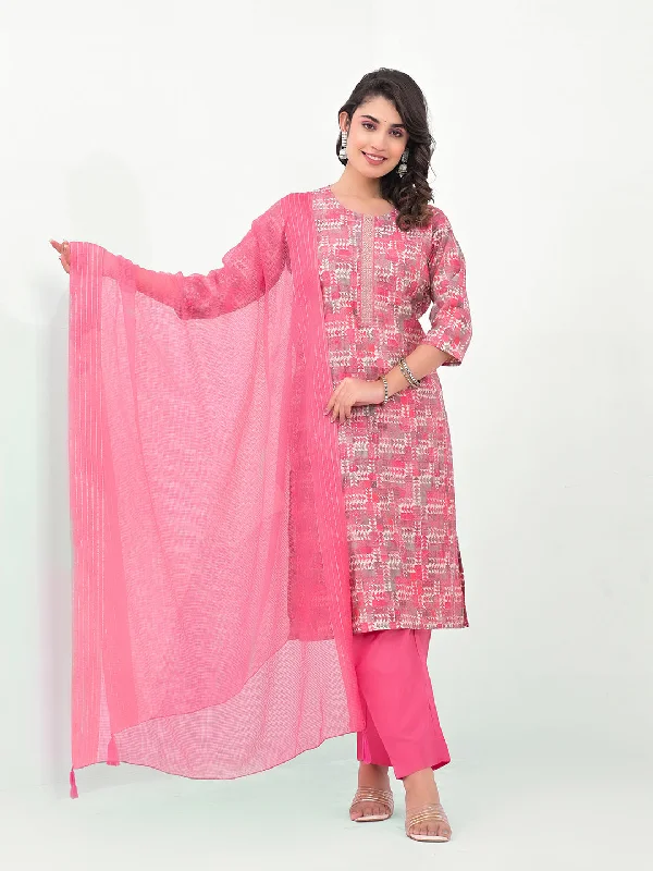 Pink Designer Readymade Pant Suit With Printed Embroidery Work Soft Stretch Pants
