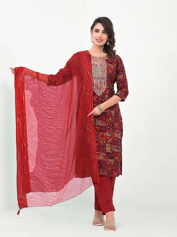 Maroon Designer Readymade Pant Suit With Printed Embroidery Work Cozy Jogger Leggings