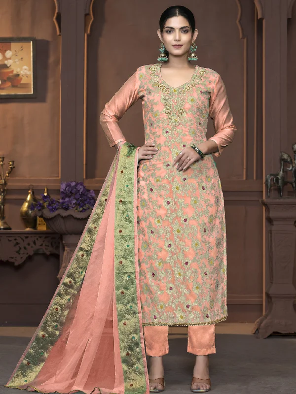 Peach Party Wear Readymade Pant Suit With Wevon Designer Hand Work Soft Cotton Pants