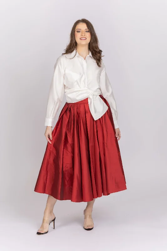 Emily Shalant Taffeta Tea Length Midi Skirt in Red lightweight skirt design