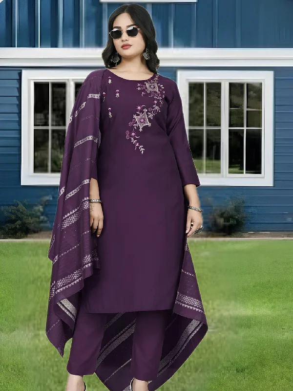 Purple Heavy Roman Silk Trendy Readymade Pant Suit With Printed Embroidery Work Soft Stretch Trousers Purple Heavy Roman Silk Trendy Readymade Pant Suit With Printed Embroidery Work Soft Stretch Trousers