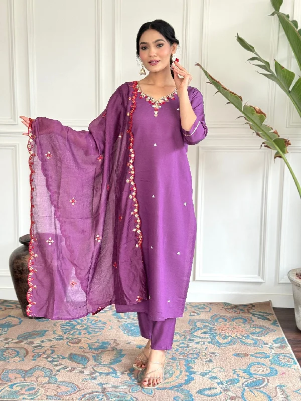 Purple Attractive Looking Readymade Pant Suit With Printed Embroidery Work Classic Straight-Leg Pants
