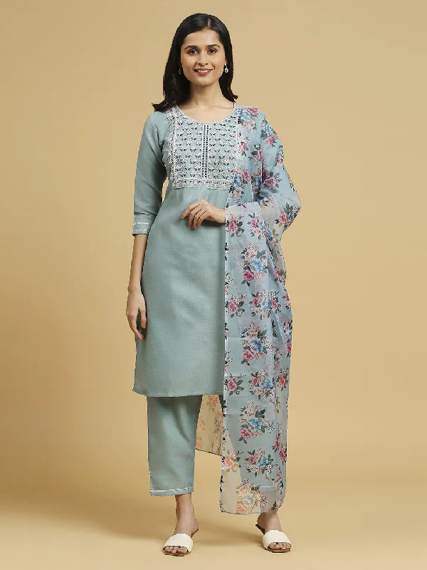 Aqua Blue Trendy Designer Readymade Cotton Pant Suit With Floral Printed Work Classic Stretch Pants Aqua Blue Trendy Designer Readymade Cotton Pant Suit With Floral Printed Work Classic Stretch Pants