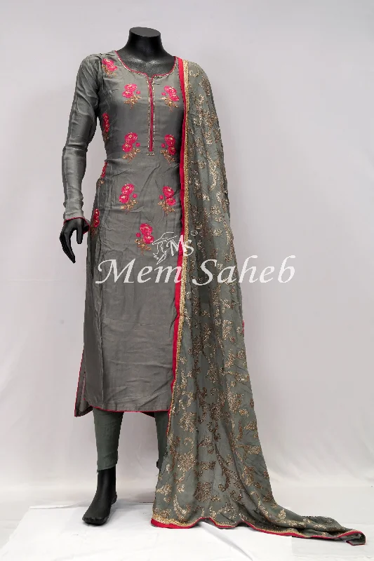 Dress Grey Silk with Floral Embroidery and Sequin Designer Dupatta Tunics Party sparkling Dress Grey Silk with Floral Embroidery and Sequin Designer Dupatta Tunics Party sparkling