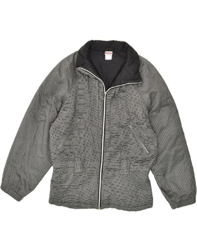VINTAGE Womens Padded Jacket UK 14 Large Grey Striped Polyester Chenille Fabric Brocade Fabric Lace Fabric VINTAGE Womens Padded Jacket UK 14 Large Grey Striped Polyester Chenille Fabric Brocade Fabric Lace Fabric