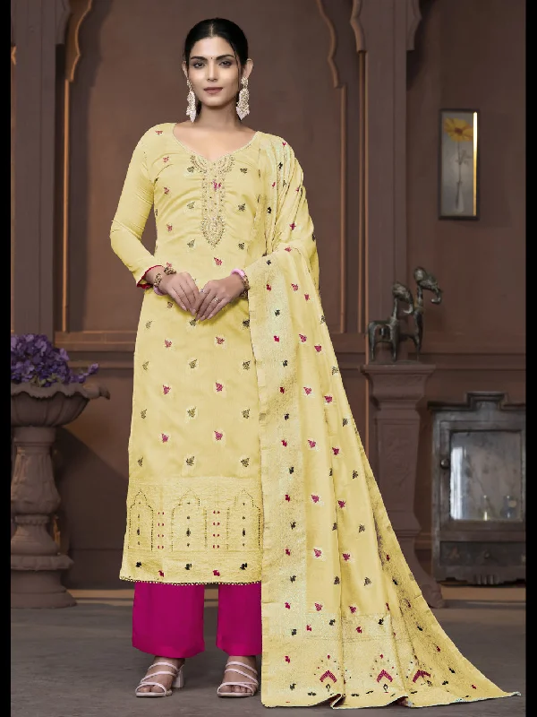 Yellow Party Wear Readymade Pant Suit With Wevon Designer Hand Work Comfortable Denim Leggings