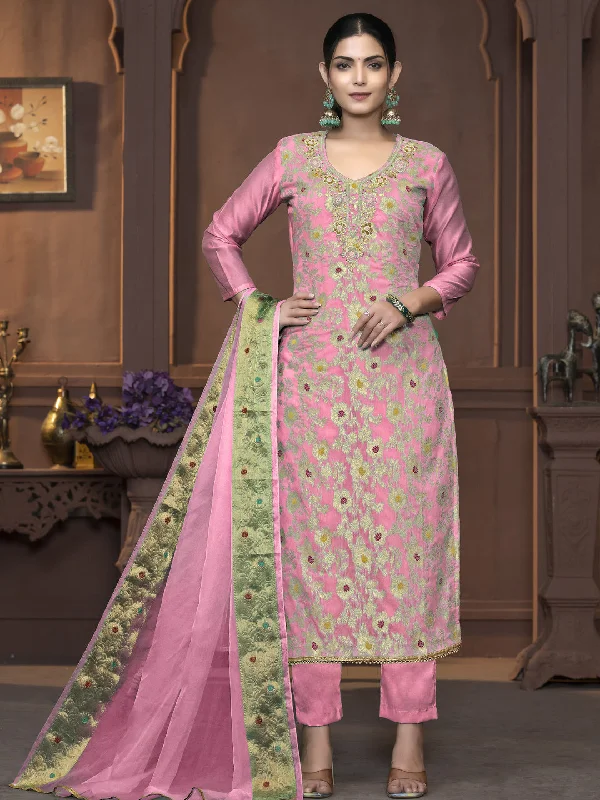 Pink Party Wear Readymade Pant Suit With Wevon Designer Hand Work Relaxed Fit Trousers