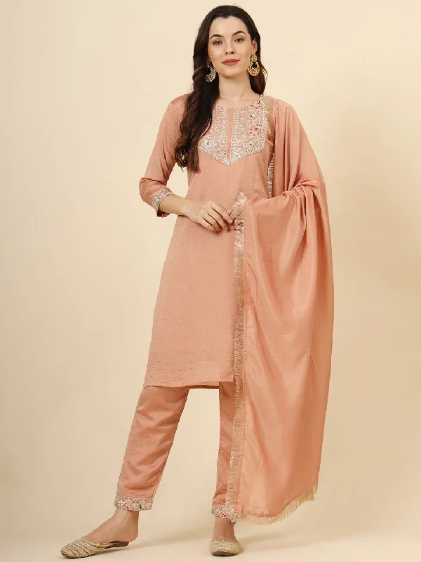 Peach Designer Looking Readymade Pant Suit With Embroidery Work Elegant High-Waist Pants Peach Designer Looking Readymade Pant Suit With Embroidery Work Elegant High-Waist Pants