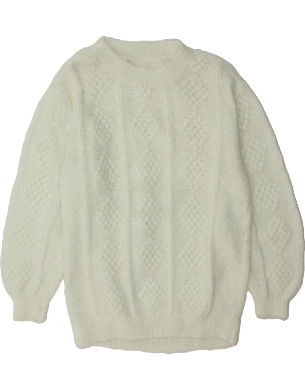 VINTAGE Womens Crew Neck Jumper Sweater UK 16 Large White Thin Thick Dense