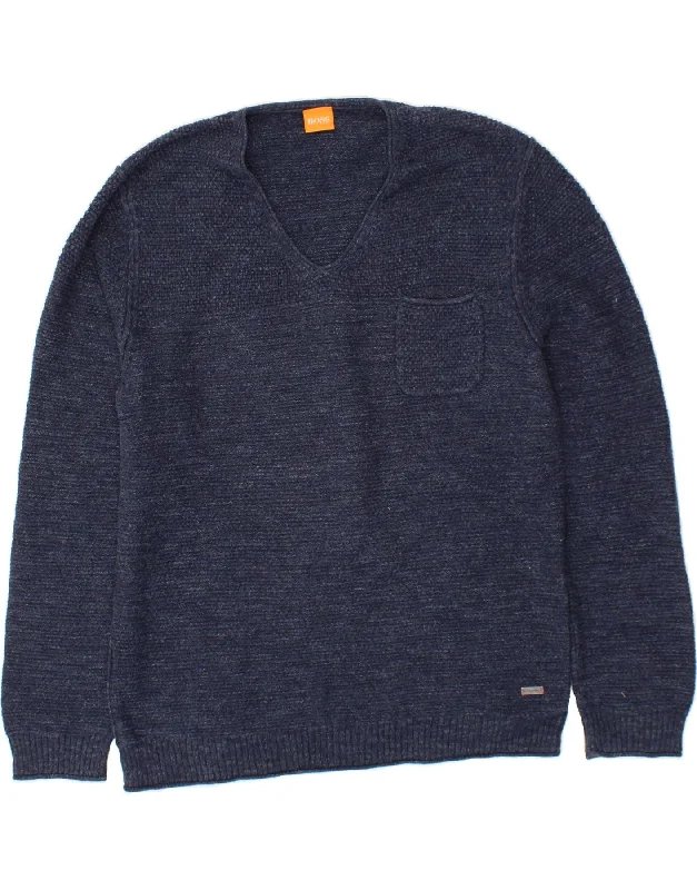 HUGO BOSS Womens V-Neck Jumper Sweater UK 18 XL Navy Blue Cotton Front Pockets Side Pockets Patch Pockets HUGO BOSS Womens V-Neck Jumper Sweater UK 18 XL Navy Blue Cotton Front Pockets Side Pockets Patch Pockets