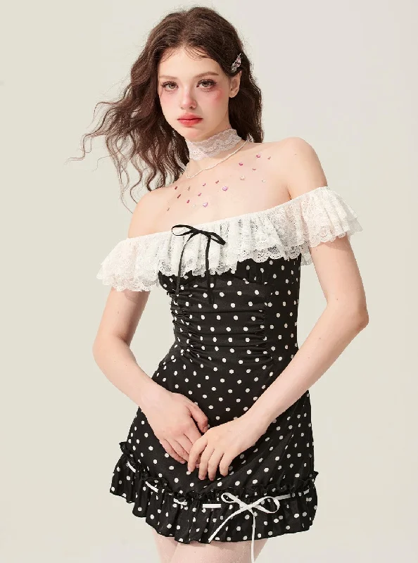Black One-shoulder Polka Dot Dress DIA0176 Elegant Long Evening