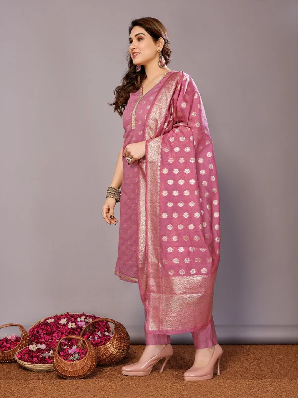 Pink Designer Readymade Pant Suit With Wevon Design Comfortable Denim Trousers