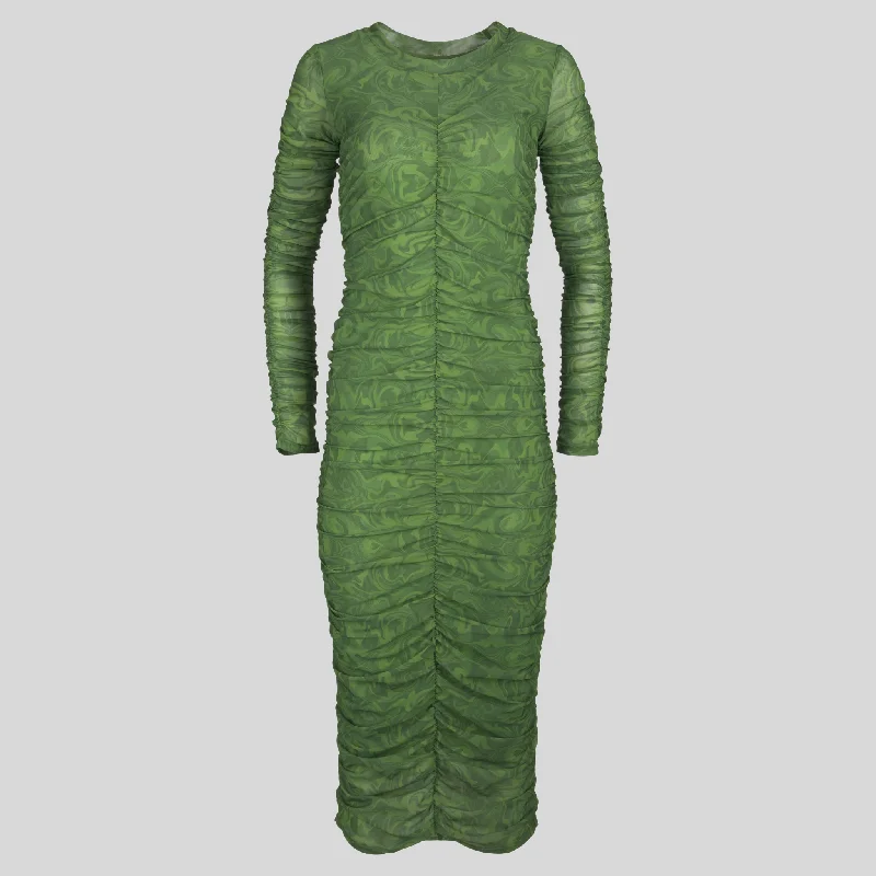 Printed Ruched Mesh Dress - Green Tunics Review highly