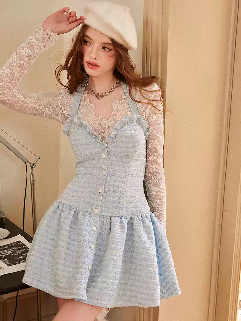 Tweed Ruffled Waist Halter Vest Dress GIF0060 Off-the-shoulder Chic Trendy