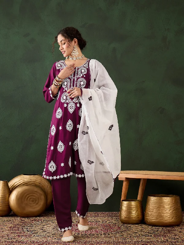 Magenta Designer Readymade Pant Suit With Chikankari Embroidery Work Modern Stretch Trousers Magenta Designer Readymade Pant Suit With Chikankari Embroidery Work Modern Stretch Trousers