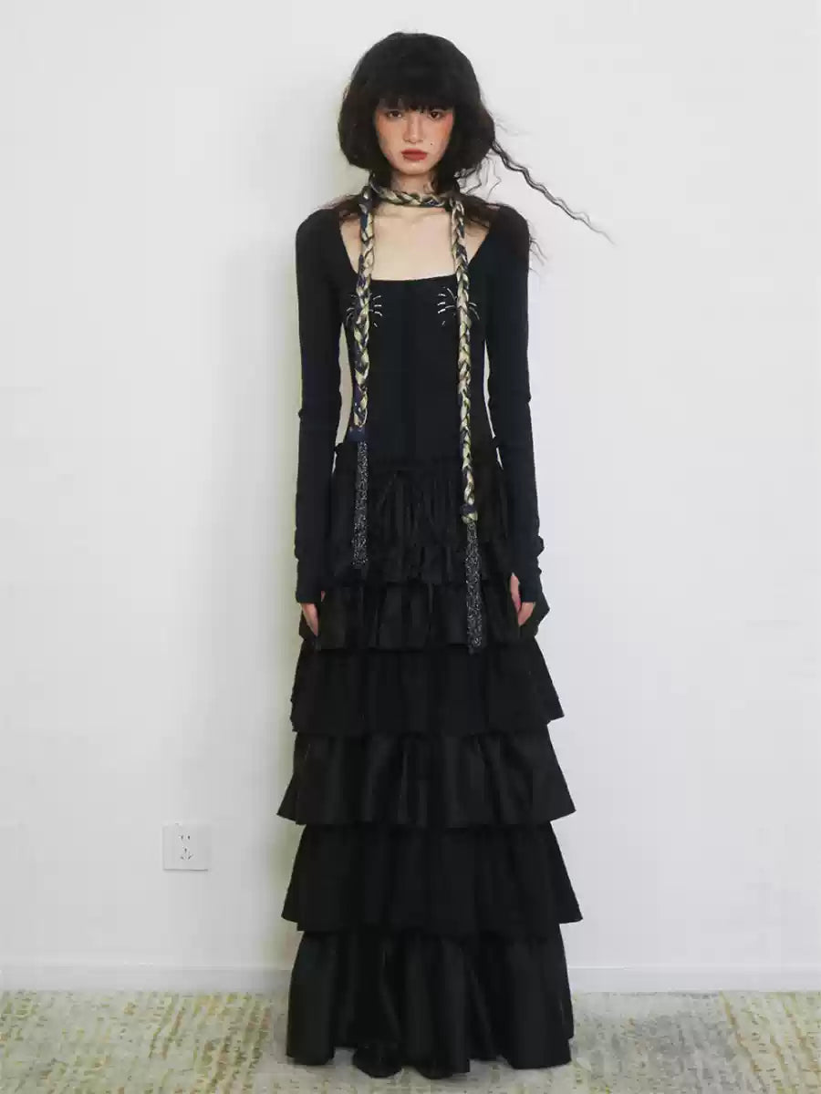 Diamond Splicing Fake Two-Piece Multi-layer Cake Skirt Dress BAD0038 Crew Neckline Casual Diamond Splicing Fake Two-Piece Multi-layer Cake Skirt Dress BAD0038 Crew Neckline Casual