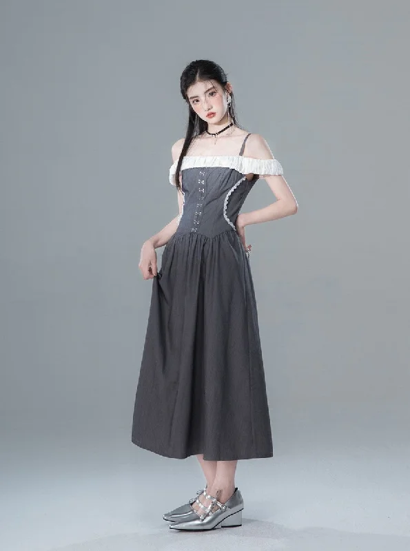 Gray High-end One-shoulder Contrasting Design Waist Dress COT0139 Tunics Stylish modern