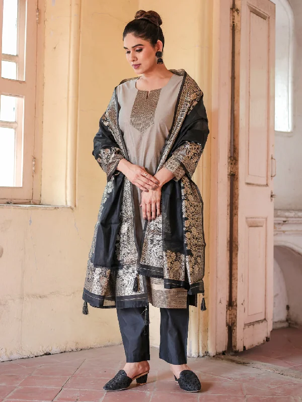 Grey Designer Readymade Pant Suit With Wevon Design Trendy High-Waist Trousers