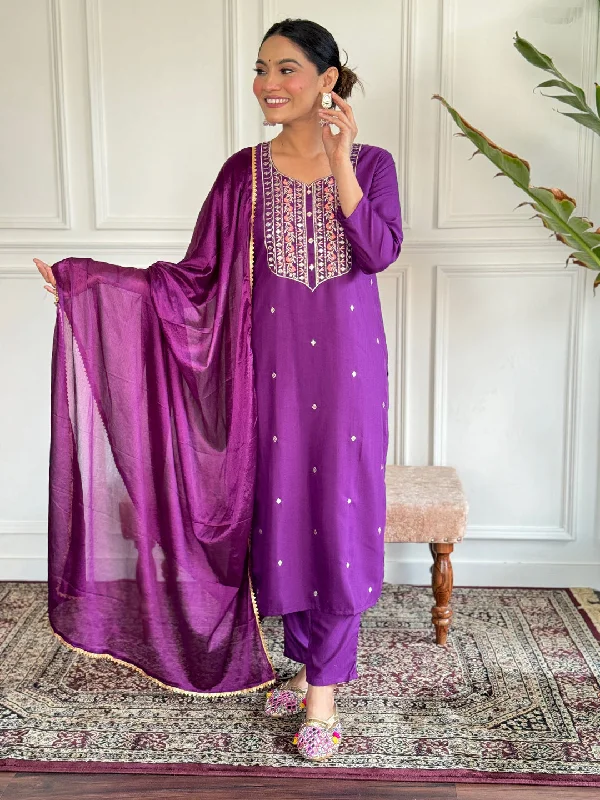 Purple Trendy Designer Readymade Pant Suit With Embroidery Work Formal Wide-Leg Pants Purple Trendy Designer Readymade Pant Suit With Embroidery Work Formal Wide-Leg Pants