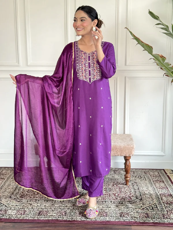 Purple Attractive Looking Readymade Pant Suit With Printed Embroidery Work Modern Stretch Trousers Purple Attractive Looking Readymade Pant Suit With Printed Embroidery Work Modern Stretch Trousers