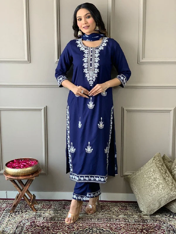 Blue Trendy Designer Readymade Pant Suit With Embroidery Work Comfortable Denim Trousers