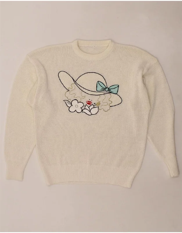 VINTAGE Womens Graphic Crew Neck Jumper Sweater UK 14 Large White Acrylic Hooded Sweater Collared Sweater Shawl Collar VINTAGE Womens Graphic Crew Neck Jumper Sweater UK 14 Large White Acrylic Hooded Sweater Collared Sweater Shawl Collar
