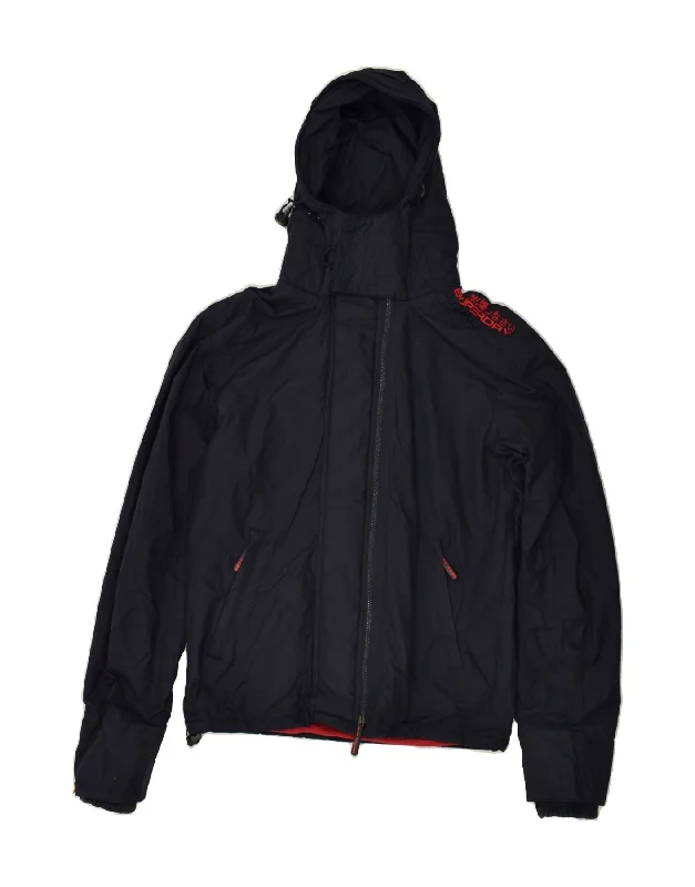 SUPERDRY Womens Hooded Windbreaker Jacket UK 14 Medium Navy Blue Nylon Knit Fabric Woven Fabric Fleece Fabric SUPERDRY Womens Hooded Windbreaker Jacket UK 14 Medium Navy Blue Nylon Knit Fabric Woven Fabric Fleece Fabric