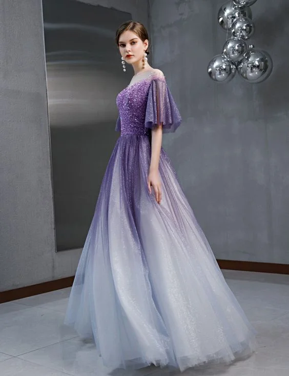 Gradient Purple Sequins Tulle Short Sleeve Long A Line Prom Dress, Evening Dress cg6423 Gradient Purple Sequins Tulle Short Sleeve Long A Line Prom Dress, Evening Dress cg6423