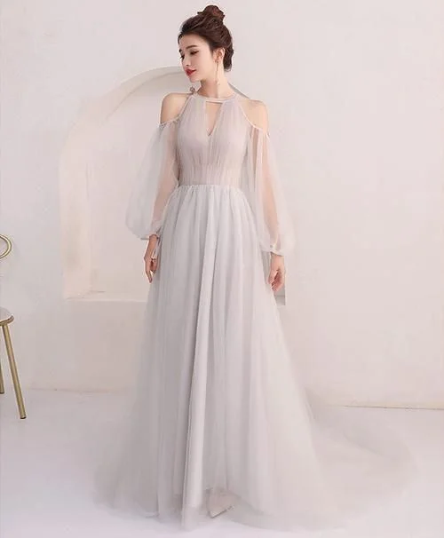 Unique gray tulle long prom dress, gray evening dress  cg6676