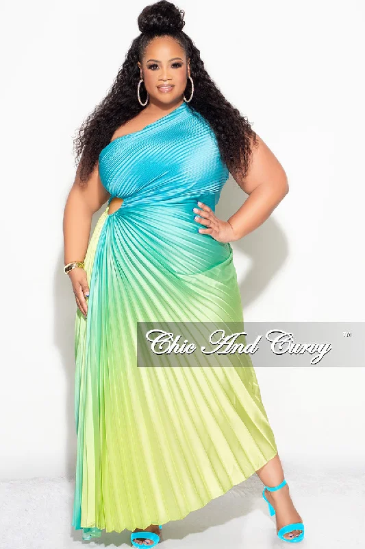 Final Sale Plus Size Satin One Shoulder Asymmetric Pleated Dress with Cut Out in Teal and Green Final Sale Plus Size Satin One Shoulder Asymmetric Pleated Dress with Cut Out in Teal and Green