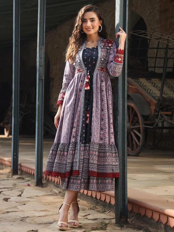 Juniper Women's Juniper Women's Lavender Cambric Printed With Embroidery Flared Dress Juniper Women's Juniper Women's Lavender Cambric Printed With Embroidery Flared Dress