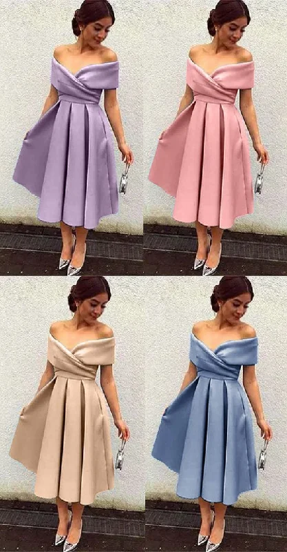 Off the Shoulder Satin Midi Cocktail Dress Tea Length Formal prom Dress   cg6536