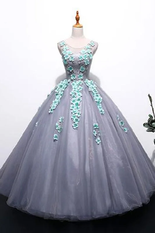 Unique gray tulle long winter formal prom dress with appliqués, long plus size prom gown cg6081 Unique gray tulle long winter formal prom dress with appliqués, long plus size prom gown cg6081