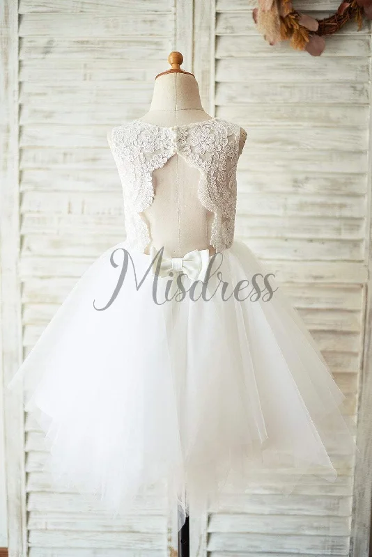 Princess Ivory Lace Tulle Keyhole Backless Wedding Flower Girl Dress