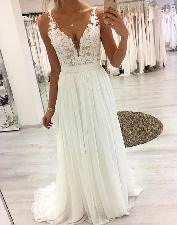 White v neck lace chiffon long prom dress, white lace evening dress  cg6053
