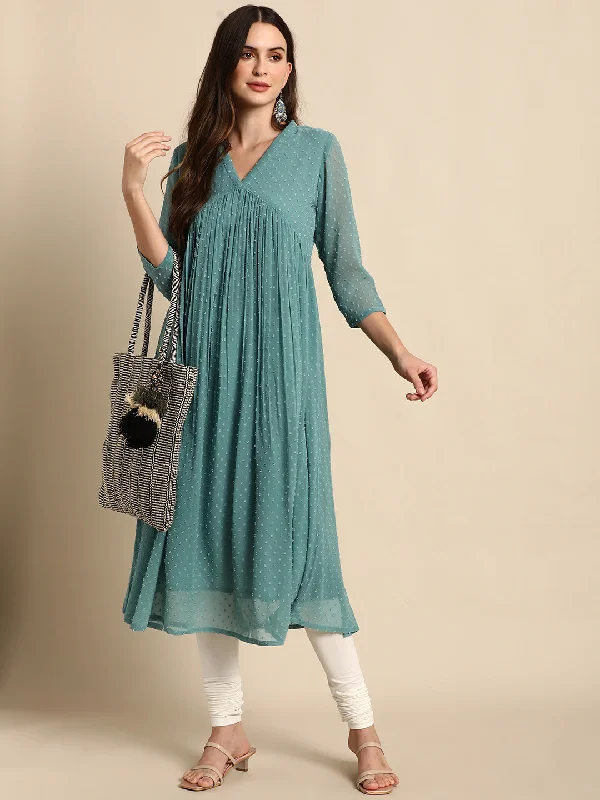 Janasya Women's Green Poly Chiffon Self Design Flared Western Dress
