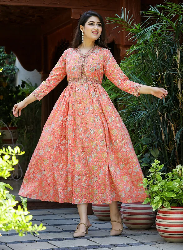 Kaajh Women's Light Orange Floral Handblock Printed Cotton Dress