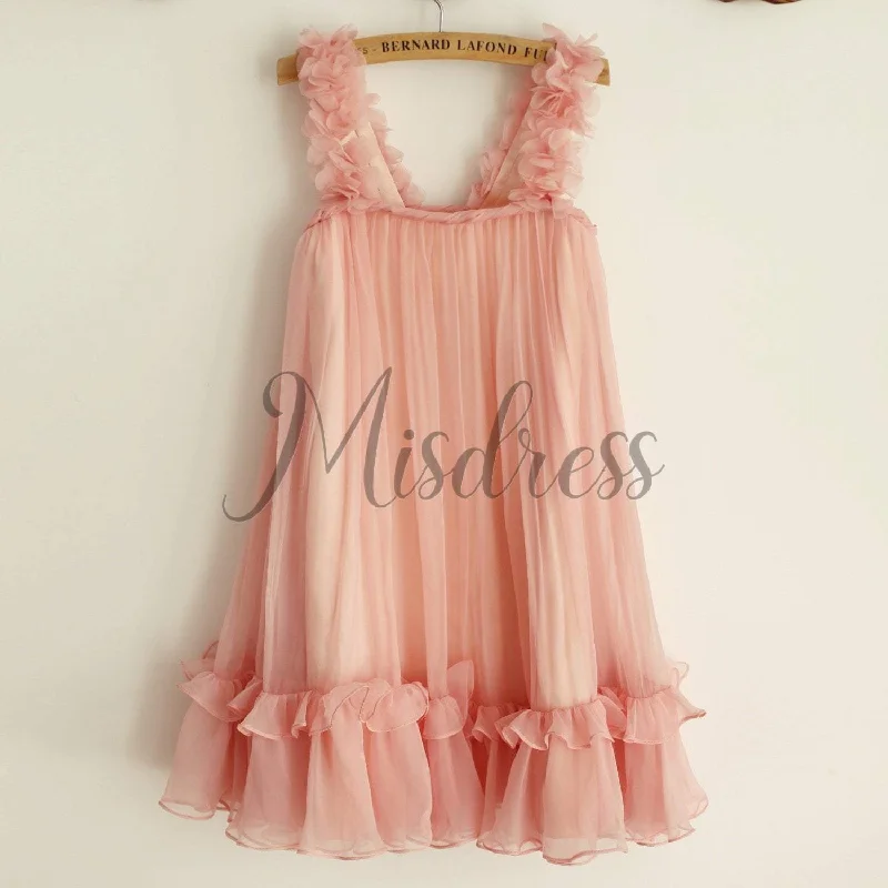 Boho Beach Blush Pink Chiffon Straps Boho Wedding Flower Girl Dress