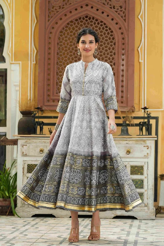Juniper Grey Shantoon Festive Khadi Print Foil Print Flared Dress For Women